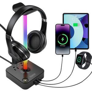 USB 충전기가 있는 RGB 헤드폰 스탠드 충전기 COZOO 데스크톱 게임 헤드셋 홀더 행거 3개와 콘센트 2개 - 게임, DJ, 무선 이어폰 디스플레이, 게이머 PC 액세서리 남자친구 선물에