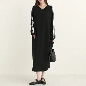 틴라 V넥 두줄 소매 베이직 롱 원피스_BDOP049