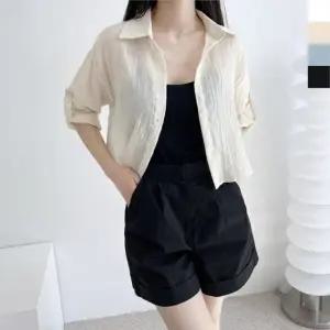 KQQ 77146 여자 여름시스루 긴팔 롤업 크롭셔츠