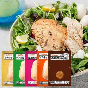 [바로드숑] 실온 닭가슴살 5가지맛 혼합 10팩 세트(저염2팩/훈제2팩/갈릭2팩/커리2팩/갈비2팩)