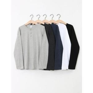 [브이핏]NRO 헨리넥티 커플 싱글 홈쇼핑 버튼 코튼 워셔블 면 라운드 10수 기본핏 긴팔 티셔츠