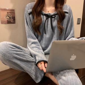 스왈로 블루 리본 겨울 극세사 수면 잠옷 세트