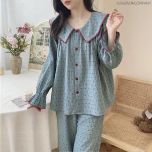 이너퀸 프리수 여성용 빅사이즈 빅카라 셔링 밴딩 열매 방울 도트 땡땡이 공주 오픈형 셔츠형 단추 버튼 잠옷 상하의 세트 홈웨어 이지웨어 방울빅카라세트