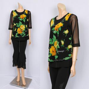 노브패리스 BGR2946 옐로장미 이중보석 칠부 티셔츠 66에서99 라인 라틴 모던 웰빙 군살 뱃살커버티 꽃무늬티 사계절