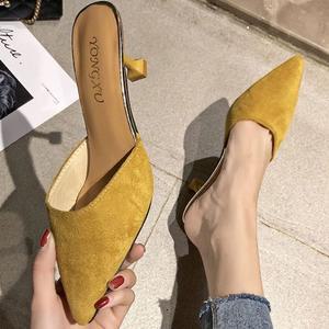 여성 파티룩 슬리퍼힐 옐로우 색상 뮬힐구두 힐뮬