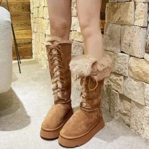 [이쁘다슈즈] 틸 스티치 레이스업 어그 롱 부츠