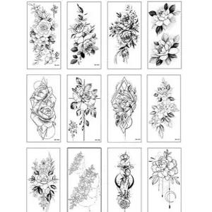 장미타투 문신스티커 흑백 타투스티커 대형 꽃 여름 12종세트 장미