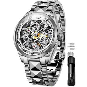 OUPINKE 남성용 스켈레톤 기계식 고급 드레스 자동 셀프 와인딩 사파이어 크리스탈 방수 텅스텐 스틸 밴드 손목시계