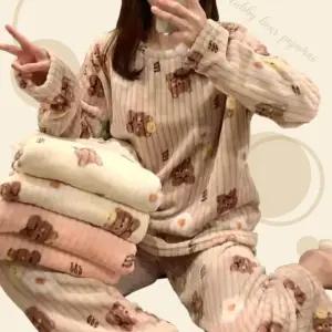 여성용 곰돌이 수면잠옷 세트 겨울 극세사 파자마 파티 홈웨어