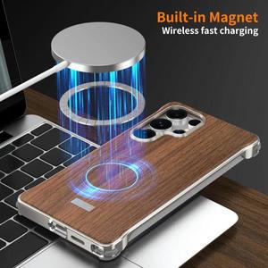 럭셔리 알루미늄 메탈 보더리스 마그네틱 케이스 삼성 갤럭시 S25 24 S23 울트라 월넛 우드 백 마그세이프