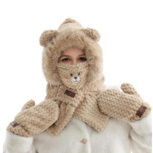 여성용 4 in 1 인조 모피 후드 비니 모자 스카프 장갑 세트 두꺼운 곰 귀 부드러운 따뜻한 니트