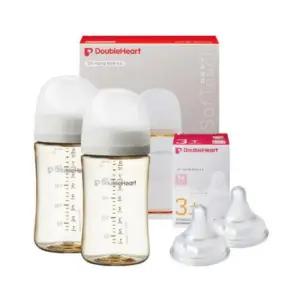 더블하트 수유 젖병 240ml 2개 젖꼭지 M 세트 베이지