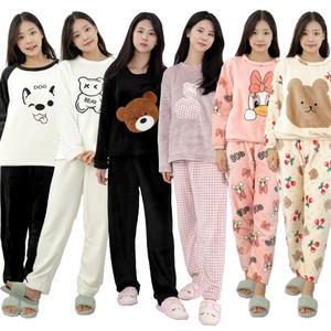 겨울 극세사 수면바지 잠옷 세트 여성 홈웨어 커플 극세사 남자 여자 밴딩바지 따뜻 도톰