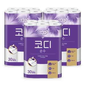 코디 천연펄프 순수 30m, 30롤, 3개