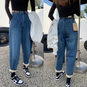 44-99 빅사이즈 양털안감 기모 뒷밴딩 배기 청바지, 데일리 루즈핏