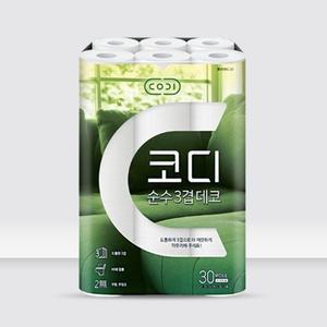 두루마리 휴지 순수 3겹 데코 물에녹는 화장실 욕실 깨끗한 먼지없는 화장지 무향 무잉크 30m 30롤 1팩