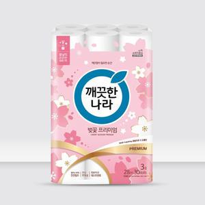 두루마리 휴지 벚꽃 프리미엄 3겹 무형광 천연펄프 물에녹는 향기좋은 화장실 롤 화장지 28m 30롤 1팩