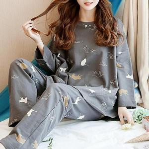 쉬블림로브 (긴팔+긴바지) 여성 고양이 패턴 꿀잠 홈웨어 파자마 잠옷 세트 GGWD0095