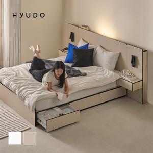 [11월 5% 최종판매가 242,810] 휴도 선유 자작나무 엣지 LED 헤드형 화이트 베이지 수납 침대 프레임 (SS/Q)