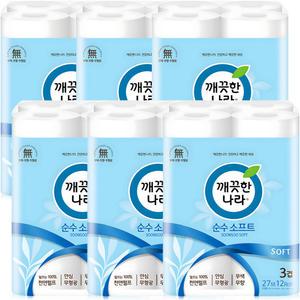 깨끗한나라 데코 순수 소프트 화장지 3겹 27m 12롤 6팩