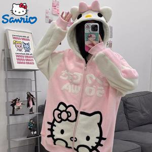 헬로 키티 자수 카툰 후드 코트, Y2k, 귀엽고 귀여운 집업 재킷, 여성용 플러시 면 트렌드, 두꺼운
