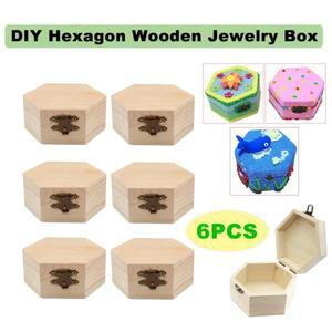 경첩 뚜껑과 전면 걸쇠가 있는 미완성 일반 육각형 나무 보석 상자 DIY 보관 상자 보물 케이스 6PCs