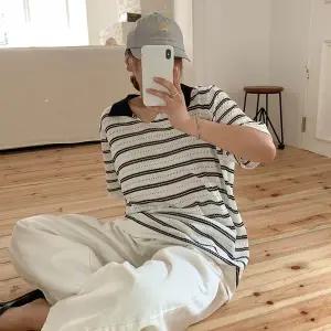 [공구우먼] [제작] 쿨링 오픈카라 루즈핏 스트라이프 반팔 니트 82816 빅사이즈 여성의류