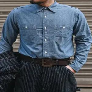 브론슨 논스탁 1950s 블루 샴브레이 긴팔 워크 셔츠 아메카지