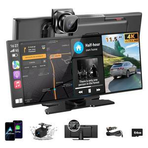 자동차용 최대 11.5인치 무선 카플레이 화면, 4K 대시캠/1080P 백업 카메라/내비게이션/블루투스/음성 제어/FM/미러 링크, 모든 차량용 A-ple 카플레이 및 안드로이드 오토 HD 터치스크린