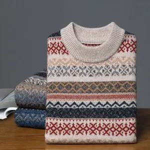 남성 댄디 라운드넥 니트 플라워 패턴 캐주얼 두꺼운 양모 스웨터 스포M3