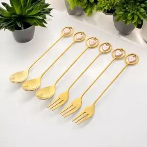 7day 하트 티스푼 티포크 6P선물세트 골드티타늄코팅/별과달 세모 네모 삽모양 롤리팝 꽃 나뭇잎 엔젤하트