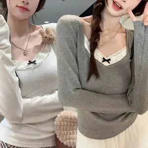 [콩심팥심]여성 브이넥 레이스 가을 겨울 예쁜 니트 티 여성니트티셔츠