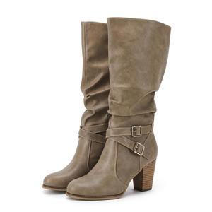 에르몬 여성 미드 니 하이 부츠 청키 힐 슬루시 메탈 버클 사이드 지퍼 패션 겨울 신발