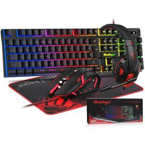 블루핑거 RGB 게이밍 키보드 및 백라이트 마우스와 헤드셋 콤보, USB 유선 키보드, LED 마우스 세트, 노트북 PC 컴퓨터 게임 업무용 마이크가 있는