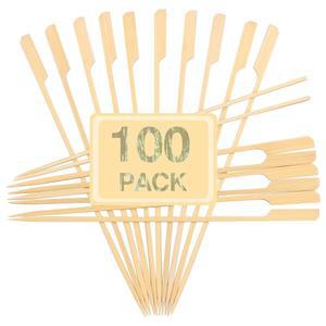 BBQ 케밥 스틱용 대나무 꼬치 10인치 - 평평한 손잡이 고기 구이 스틱 음식용 긴 나무 (100팩-평면)
