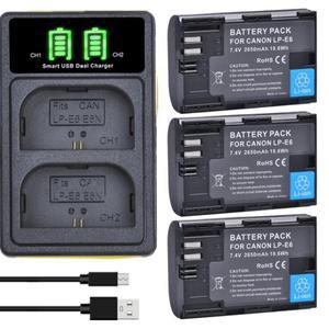2650mAh LP-E6 LP E6 LP-E6-E6N 배터리 팩 + Canon EOS 5DS R Mark II 6D 7D 80D R5 XC10 용 LED 듀얼 충전