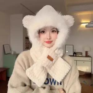 여성 털 머플러 겨울 모자 목도리 세트 곰돌이 귀