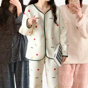 [라리리] 추위대비 따듯 포근한 겨울 누빔 수면 잠옷 피기기모 원피스 상하세트 파자마 데일리 홈웨어