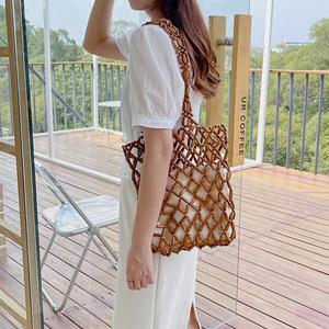 4ALL 3컬러 파우치포함 라탄 그물 여름 우드 숄더 에코백 TFA720