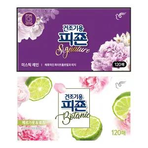 피죤 건조기용 드라이시트, 미스틱레인, 120매, 1개 + 베르가못로즈, 120매, 1개