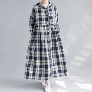 체크 후드 셔츠형 간절기 봄/가을 여성 롱 원피스