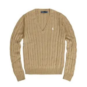 케이블 니트 울 캐시미어 브이넥 스웨터 카멜 211910422-002