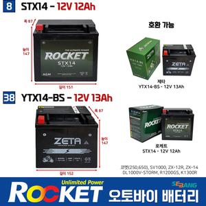 8번 38번 오토바이밧데리 12V12AH 코멧(250,650) SV1000 로케트 제타 밧데리 STX14 YTX14-BS
