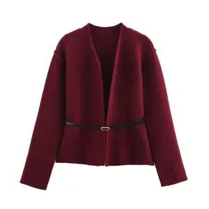 EAMT 여자 봄 니트 스트리트 브이넥 배색 벨트 코트 EUNG1