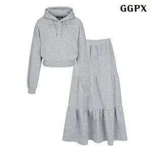 후드넥 기모 베이직 긴팔 티셔츠 허리 밴딩 캉캉 스커트 셋업 (GOCOW039D)