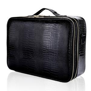 Jourmon 여행용 메이크업 케이스 가방 악어 패턴 블랙 리 #e#s: 메이크업 트레인 케이스 ^^ 휴대용 ^^ 정리함 ^^ 조절 가능한 칸막이 ^^ 어깨끈 ^^ 여행용 액세서리 ^^ 메이크업 브러시 ^^ 화장실 :i#e#s