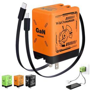고속 충전기, GaN 충전기 충전, 라이트닝 및 타입-C 케이블이 있는 접이식 휴대폰 벽 플러그, 대부분의 안드로이드용 충전기와 호환되는 W&O 2-in-1