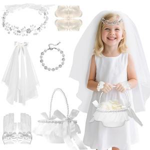 진주 손잡이 바구니, 아이보리 화이트 로즈 꽃잎, 머리띠, 보우 베일, 장갑, 팔찌 포함 6개 플라워 걸 바구니 세트 - 여자 신부 샤워용 결혼 액세서리, 헤어 액세서리 키트