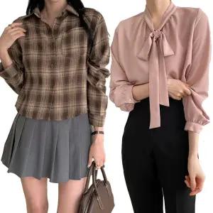 여성 긴팔 블라우스 100종 봄 가을 겨울 쉬폰 정장 셔츠 체크 남방 타이 리본 레이스 셔링 퍼프 오피스룩