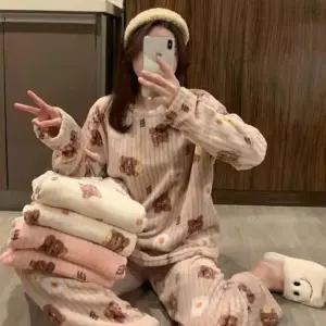 곰돌이 골지 극세사 상하의세트 따뜻한잠옷 홈웨어 겨울용 부드러운 수면복 여자 편한잠옷
